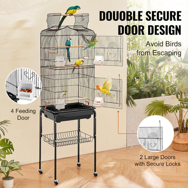 Large Bird Cage 62 In Open Top Parakeet With Rolling Stand Steel Flight Removable Tray Budgie Birdcage 4 Perches Parrot Bird Cages