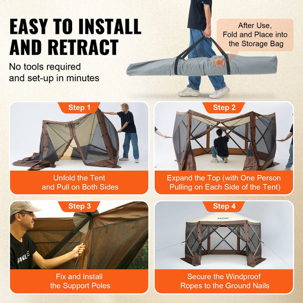 Vevor Pop Up Gazebo Tent Pop Up Screen 6 Sided Canopy Sun Shelter With Removable Privacy Wind Cloths & Mesh Windows 12.5X12.5Ft Quick Set Mosquito Net