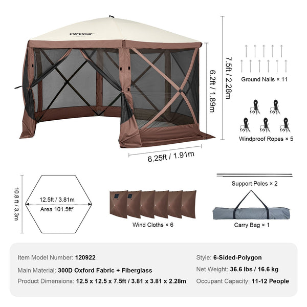 Vevor Pop Up Gazebo Tent Pop Up Screen 6 Sided Canopy Sun Shelter With Removable Privacy Wind Cloths & Mesh Windows 12.5X12.5Ft Quick Set Mosquito Net