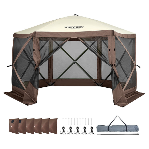 Vevor Pop Up Gazebo Tent Pop Up Screen 6 Sided Canopy Sun Shelter With Removable Privacy Wind Cloths & Mesh Windows 12.5X12.5Ft Quick Set Mosquito Net