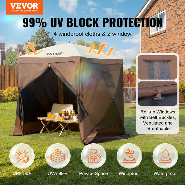 Pop Up Gazebo Tent Screen 4 Sided Canopy Sun Shelter With Removable Privacy Wind Cloths & Mesh Windows 6X6ft Quick Set Mosquito Netting Brown Tents