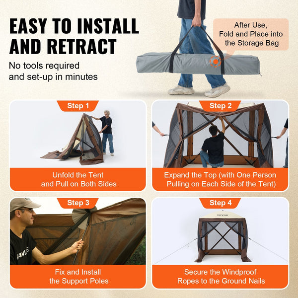 Pop Up Gazebo Tent Screen 4 Sided Canopy Sun Shelter With Removable Privacy Wind Cloths & Mesh Windows 6X6ft Quick Set Mosquito Netting Brown Tents