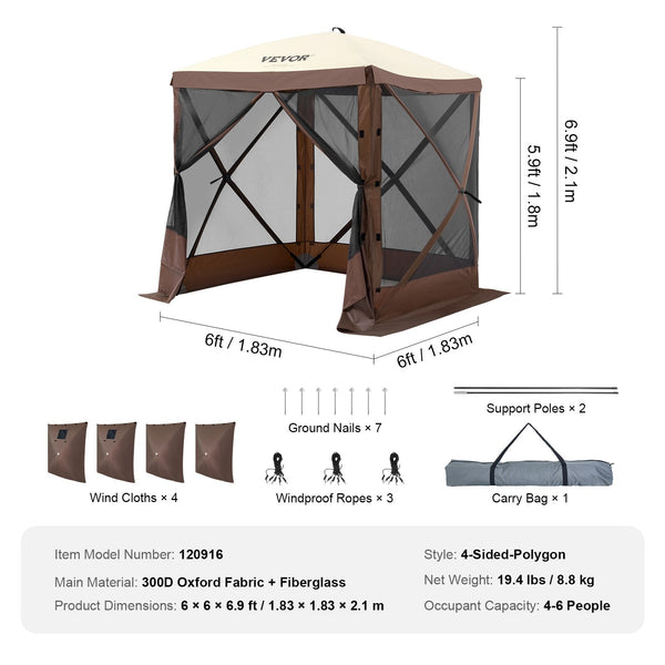 Pop Up Gazebo Tent Screen 4 Sided Canopy Sun Shelter With Removable Privacy Wind Cloths & Mesh Windows 6X6ft Quick Set Mosquito Netting Brown Tents