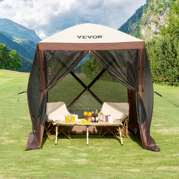 Pop Up Gazebo Tent Screen 4 Sided Canopy Sun Shelter With Removable Privacy Wind Cloths & Mesh Windows 6X6ft Quick Set Mosquito Netting Brown Tents
