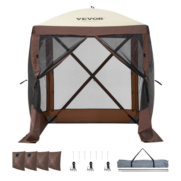 Pop Up Gazebo Tent Screen 4 Sided Canopy Sun Shelter With Removable Privacy Wind Cloths & Mesh Windows 6X6ft Quick Set Mosquito Netting Brown Tents