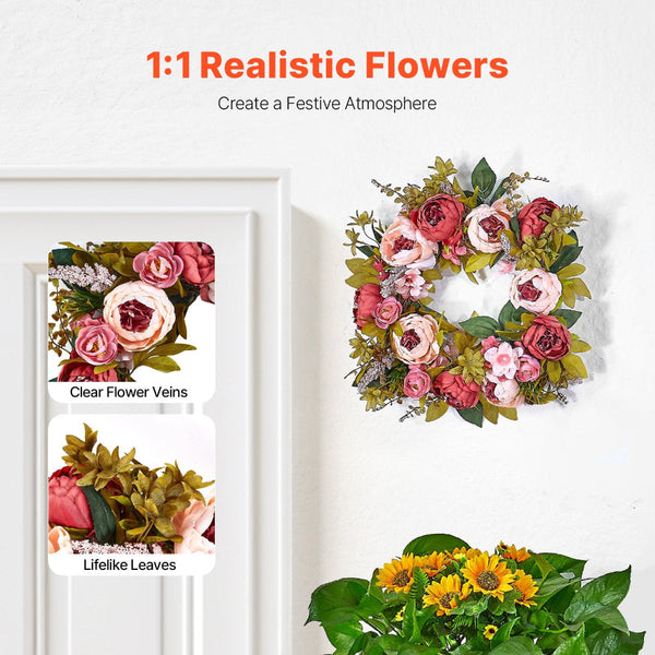 Vevor Artificial Decorative Wreath 48.26 Cm Pink Peonies Hydrangeas Year Round Artificial Plants