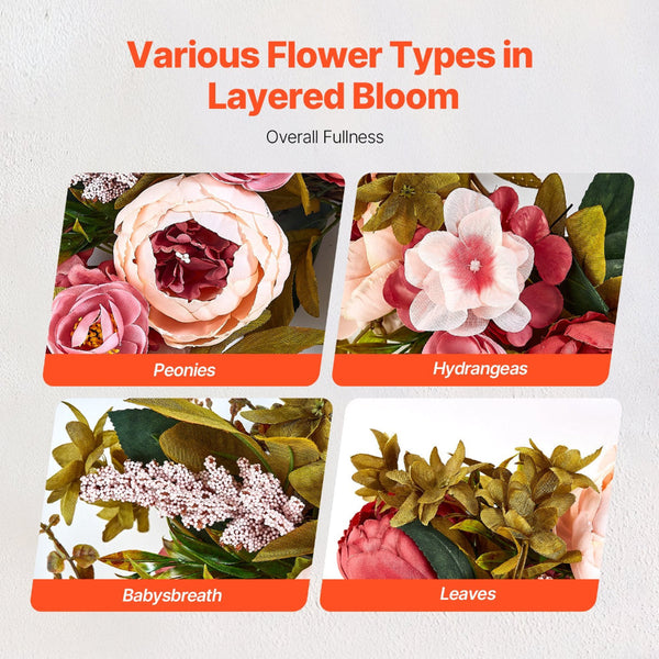 Vevor Artificial Decorative Wreath 48.26 Cm Pink Peonies Hydrangeas Year Round Artificial Plants