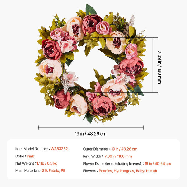 Vevor Artificial Decorative Wreath 48.26 Cm Pink Peonies Hydrangeas Year Round Artificial Plants