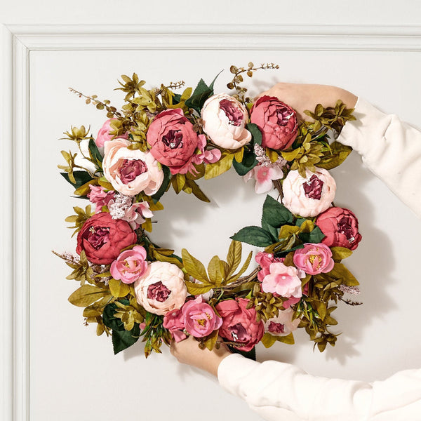 Vevor Artificial Decorative Wreath 48.26 Cm Pink Peonies Hydrangeas Year Round Artificial Plants