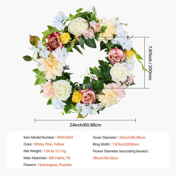 Vevor Artificial Decorative Wreath 60.96 Cm White Pink Yellow Peonies Hydrangeas Artificial Plants