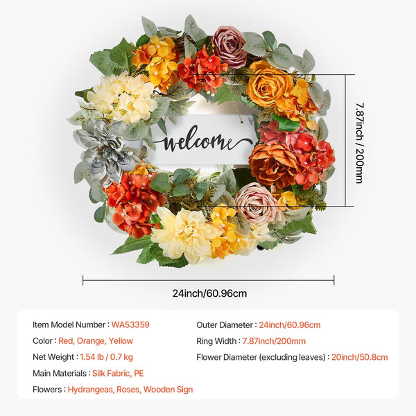 Vevor Artificial Decorative Wreath 60.96 Cm Red Orange Yellow Hydrangeas Roses Artificial Plants