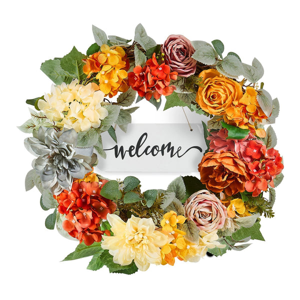 Vevor Artificial Decorative Wreath 60.96 Cm Red Orange Yellow Hydrangeas Roses Artificial Plants
