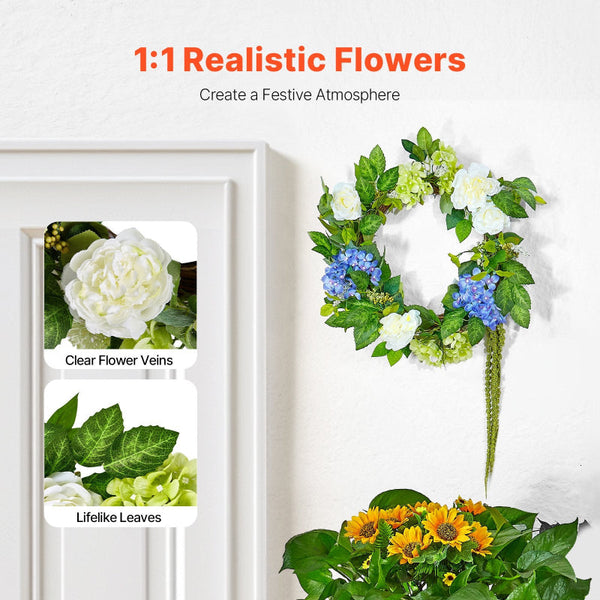 Vevor Artificial Decorative Wreath 58.42 Cm Blue White Green Hydrangeas Roses Artificial Plants