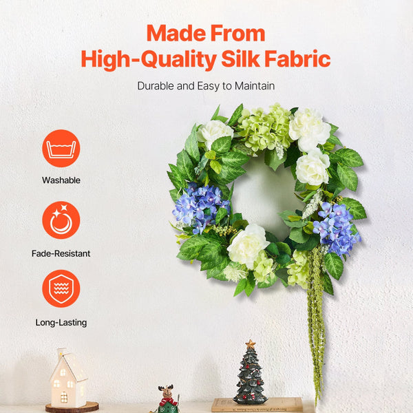 Vevor Artificial Decorative Wreath 58.42 Cm Blue White Green Hydrangeas Roses Artificial Plants