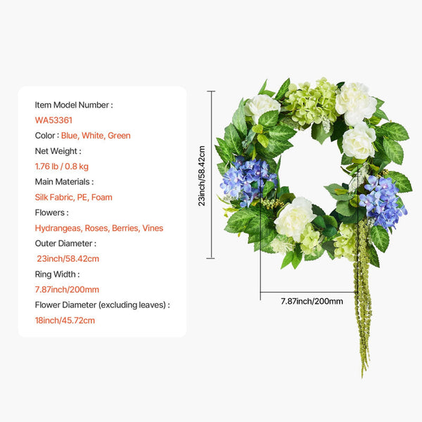 Vevor Artificial Decorative Wreath 58.42 Cm Blue White Green Hydrangeas Roses Artificial Plants