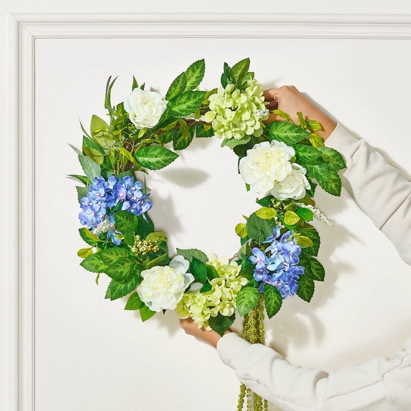 Vevor Artificial Decorative Wreath 58.42 Cm Blue White Green Hydrangeas Roses Artificial Plants