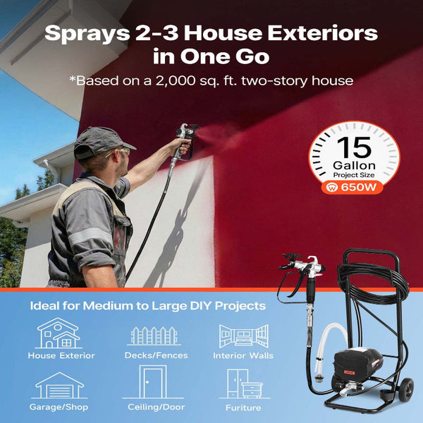 Stand Airless Paint Sprayer 650W 3000Psi High Pressure With Cart Cleaning Brush Hose Extension Rod Nozzles Electric Machine For House Exterior And Int