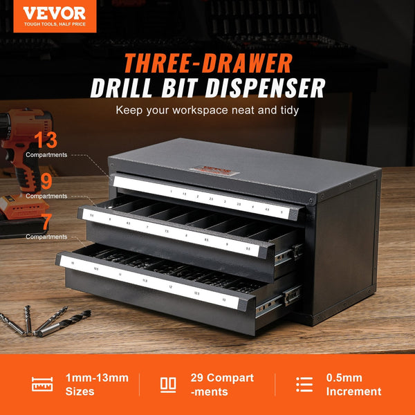 Vevor Drill Bit Dispenser Cabinet Three Drawer Organiser For 1Mm To 13Mm Steel Organizer With Labels Stackable Storage Other Tool Storage