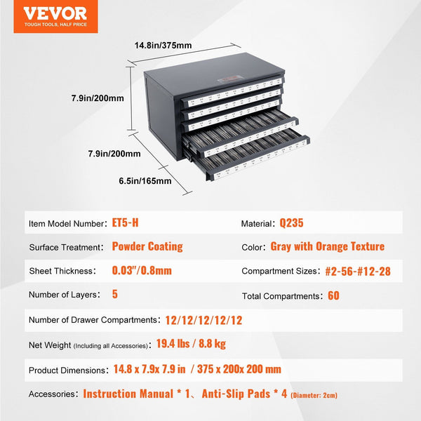 Tap Dispenser Cabinet Five Drawer Organizer For #2 56 #12 28 Steel With Labels 60 Compartment Stackable Storage Tool Boxes