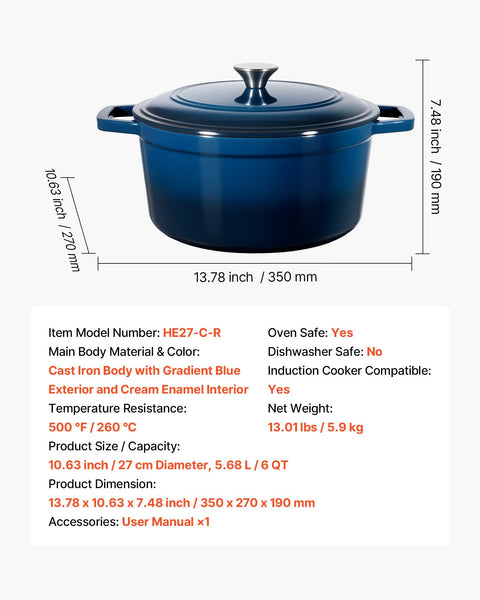 Enameled Cast Iron Dutch Oven 5.7L Pot With Lid And Dual Handles Heavy Duty Durable Cookware Pan Induction Compatible Up To 260 For Braising Stews Roa