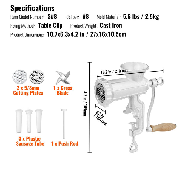 Vevor Manual Meat Grinder Heavy Duty Cast Iron & Steel Table Clamp Food Processors
