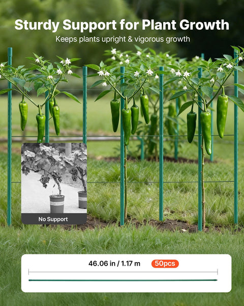 Garden Stakes 50 Pack 1170 Mm Plastic Coated Metal Tomato Sticks For Plants Support With Pointed End And Non Slip Bumps Growing Climbing Outdoor Veget