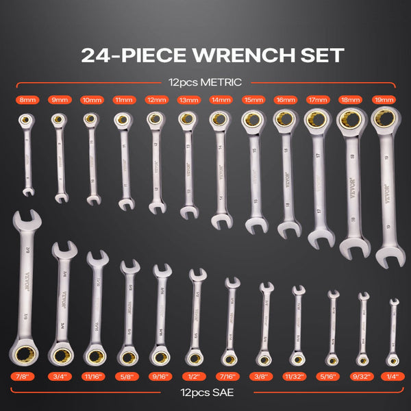 Combination Wrench Set 24 Pcs Sae 1/4" 7/8" Metric 19Mm Organizer Rack Wrench Sets