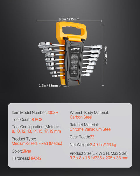 Vevor Combination Wrench Set 8 Piece Metric Mm To 19 With Organiser Rack Wrench Sets