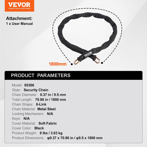 Bike Chain Lock 5.91 Ft Security Bicycle Heavy Duty Metal Steel Anti Theft High Locks Perfect For Motorcycle Scooter Door Fence Gate 9.5Mm Black Locks