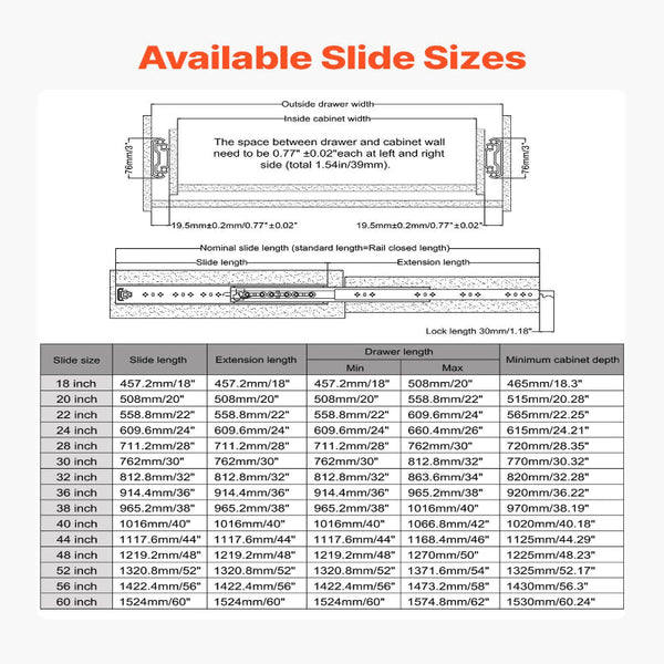 1 Pair 18 60 In Soft Close Drawer Slides Ball Bearing Full Extension Cabinets & Cupboards