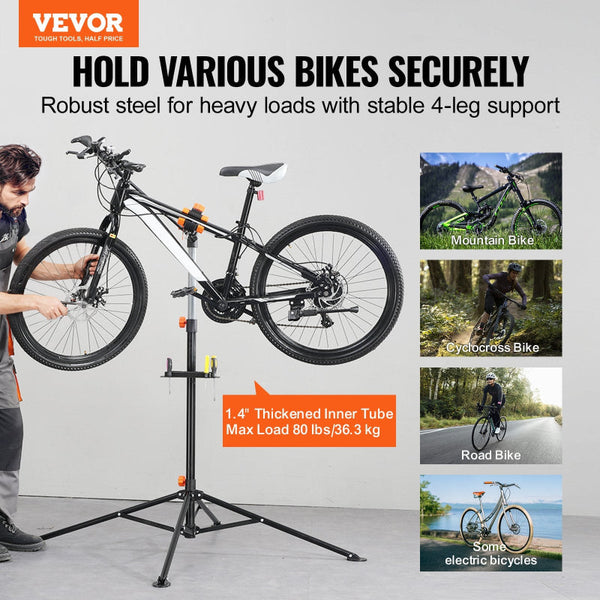 Bike Repair Stand 80 Lbs Heavy Duty Steel Bicycle Adjustable Height Maintenance Workstand With Magnetic Tool Tray Telescopic Arm Foldable For Home Sho