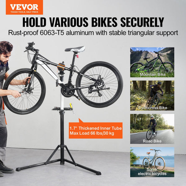 Bike Repair Stand 66 Lbs Heavy Duty Aluminum Bicycle Adjustable Height Maintenance Workstand With Magnetic Tool Tray Telescopic Arm Foldable For Home