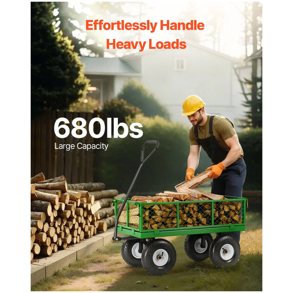 680 Lbs Steel Garden Cart On Wheels Heavy Duty Wagon Pullable Metal Outdoor Utility Yard Carts With 10Inch Tires Mesh Removable Sides And 180 Rotating