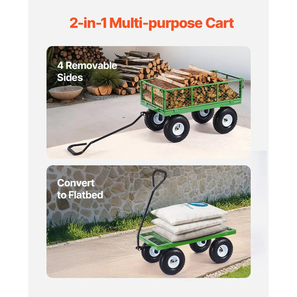 680 Lbs Steel Garden Cart On Wheels Heavy Duty Wagon Pullable Metal Outdoor Utility Yard Carts With 10Inch Tires Mesh Removable Sides And 180 Rotating