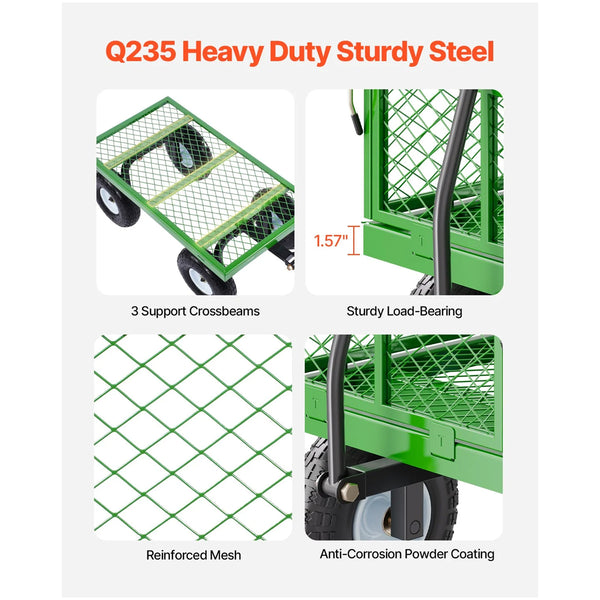 680 Lbs Steel Garden Cart On Wheels Heavy Duty Wagon Pullable Metal Outdoor Utility Yard Carts With 10Inch Tires Mesh Removable Sides And 180 Rotating