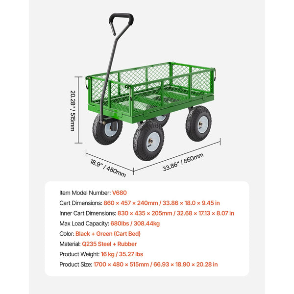 680 Lbs Steel Garden Cart On Wheels Heavy Duty Wagon Pullable Metal Outdoor Utility Yard Carts With 10Inch Tires Mesh Removable Sides And 180 Rotating