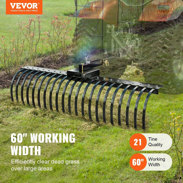 Tow Behind Landscape Rake 1.5M Dethatcher With 21 Steel Coil Tines Lawn Attaches 1.2M Or 15M Toolbars And 3 Point Suspension Systems For Leaves Pine N