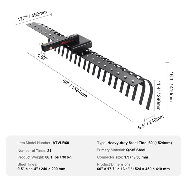 Tow Behind Landscape Rake 1.5M Dethatcher With 21 Steel Coil Tines Lawn Attaches 1.2M Or 15M Toolbars And 3 Point Suspension Systems For Leaves Pine N