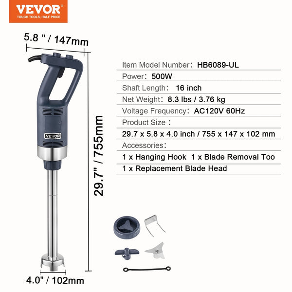 Commercial Immersion Blender 500W Heavy Duty Hand Mixer For Soup Sauces Countertop Blenders