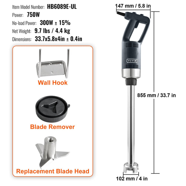 Vevor Commercial Immersion Blender Heavy Duty Hand Mixer 750W Variable Speed Countertop Blenders