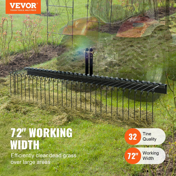 Tow Behind Landscape Rake 1.8M Dethatcher With 32 Steel Tines Lawn Attaches Category Point Hitch For Tractor Leaves Pine Needles Straw And Grass Garde