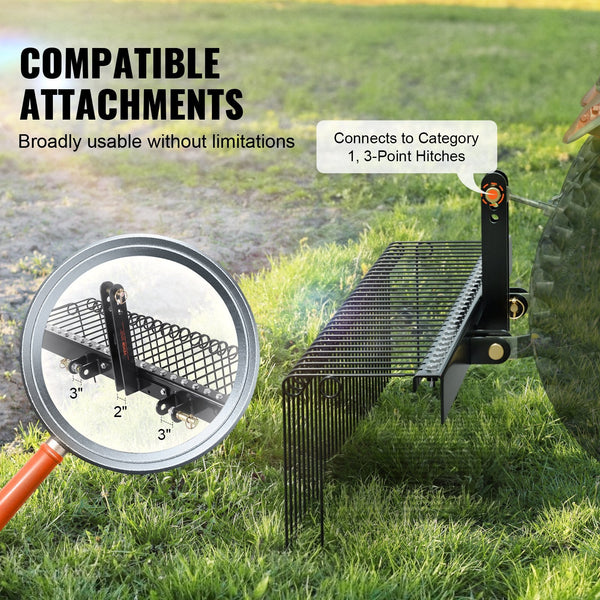 Tow Behind Landscape Rake 1.8M Dethatcher With 32 Steel Tines Lawn Attaches Category Point Hitch For Tractor Leaves Pine Needles Straw And Grass Garde