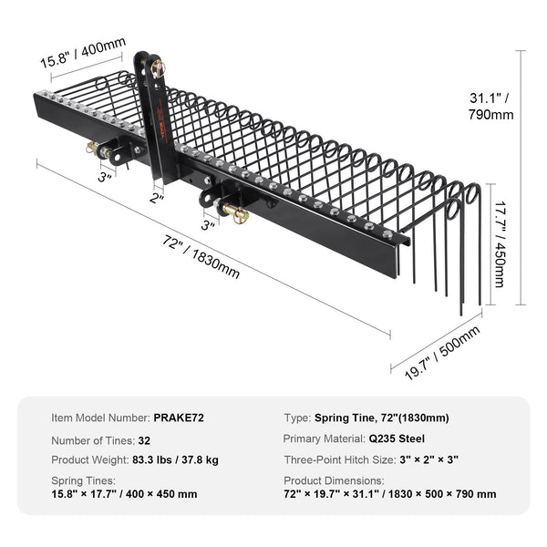 Tow Behind Landscape Rake 1.8M Dethatcher With 32 Steel Tines Lawn Attaches Category Point Hitch For Tractor Leaves Pine Needles Straw And Grass Garde