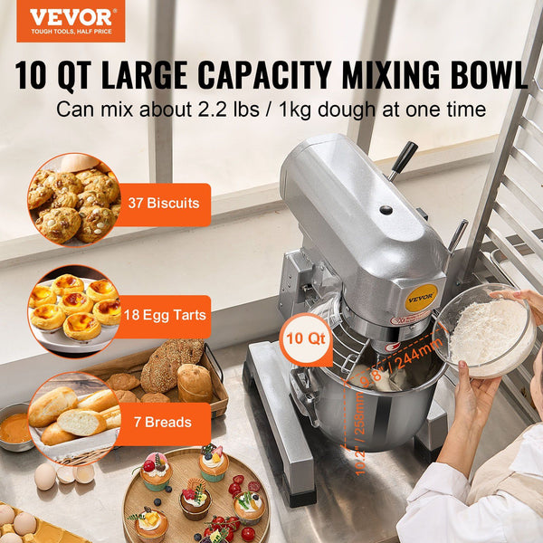 Commercial Food Mixer 10L Stand With 3 Adjustable Speeds 550W Dough Stainless Steel Bowl And Mixing Attachments Ideal For Restaurant Bakery Pastry Sho