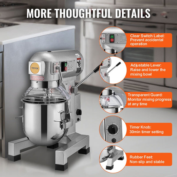 Commercial Food Mixer 10L Stand With 3 Adjustable Speeds 550W Dough Stainless Steel Bowl And Mixing Attachments Ideal For Restaurant Bakery Pastry Sho