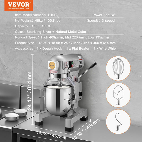 Commercial Food Mixer 10L Stand With 3 Adjustable Speeds 550W Dough Stainless Steel Bowl And Mixing Attachments Ideal For Restaurant Bakery Pastry Sho