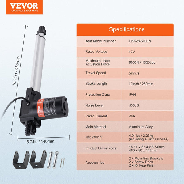Linear Actuator 12V 10 Inch Heavy Duty 1320Lbs/6000N 0.19"/S Motion With Mounting Bracket & Ip44 Protection For Electric Door Industrial Machinery Ves