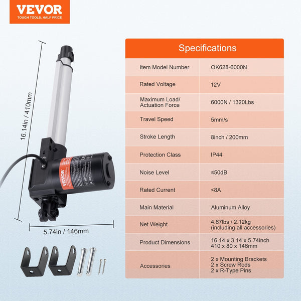 Linear Actuator 12V 8 Inch Heavy Duty 1320Lbs/6000N 0.19"/S Motion With Mounting Bracket & Ip44 Protection For Electric Door Industrial Machinery Vess
