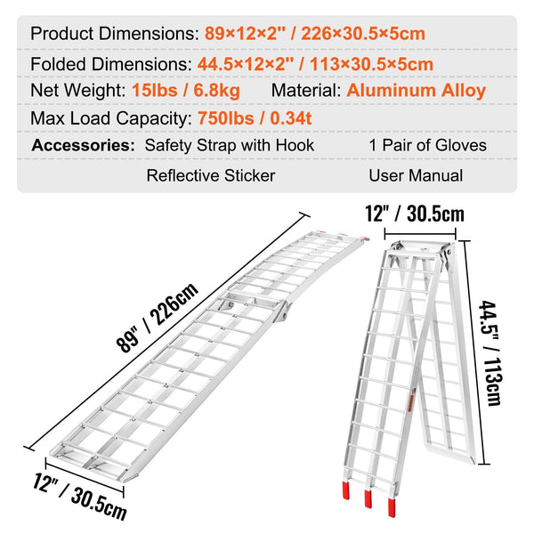 Vevor Aluminum Ramp 750 Lbs Foldable Loading Ramps For Pickup Trucks Bed 1 Piece Motorbike Ramps