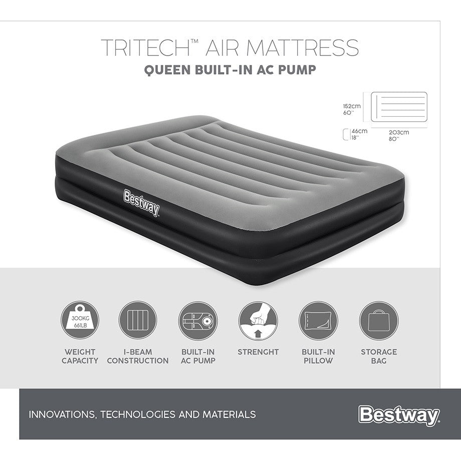 Bestway 2.03M X 1.52M 46Cm Tritech Air Mattress Queen Built In Ac Pump Inflatable Mattresses & Airbeds